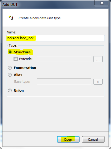 Add DUT dialog - PickAndPlace_Pick structure