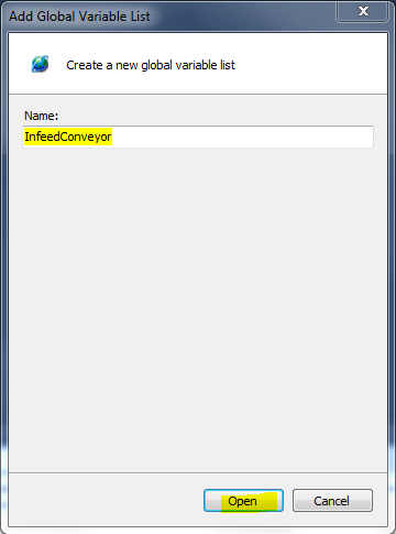 Add Global Variable List dialog - InfeedConveyor