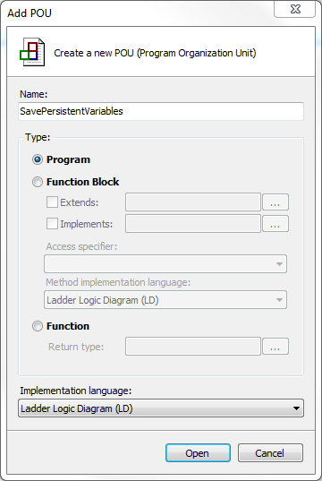 Add POU Dialog - SavePersistentVariables