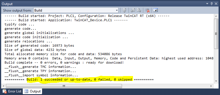 TwinCAT 3: Build Output Window