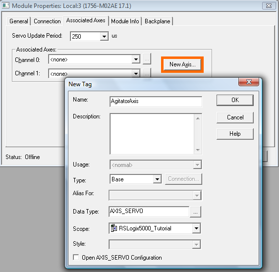 RSLogix 5000 - Create Axis - New Axis