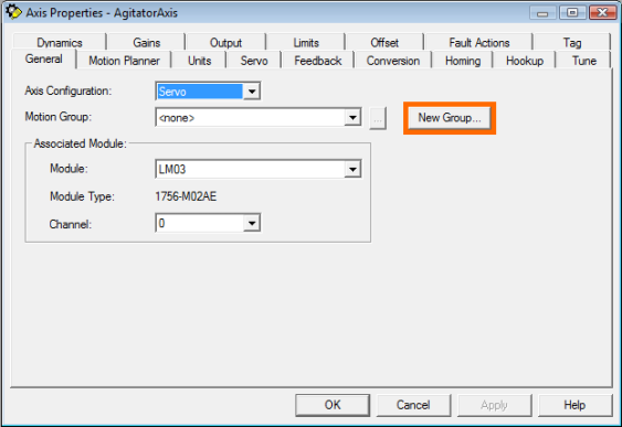 RSLogix 5000 - Create Axis - New Group Button