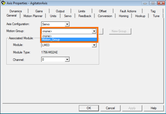 RSLogix 5000 - Create Axis - Select Motion Group