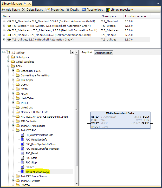 Library Manager Window - WritePersistentData function block