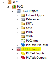 TwinCAT 3 Tutorial: PLC1 Instance node highlighted