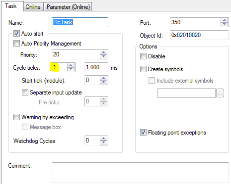 TwinCAT 3: PlcTask properties - set to 1 cycle tick