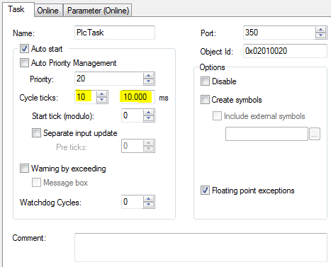 TwinCAT 3: PlcTask properties