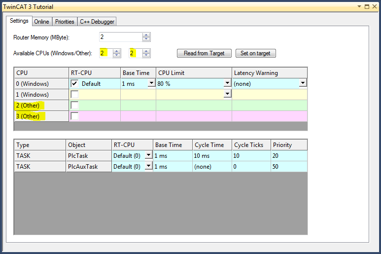 TwinCAT 3: Real-Time configuration window - cores 2 and 3 set to Other