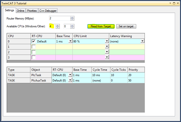 TwinCAT 3: Real-Time configuration window - read from target highlighted