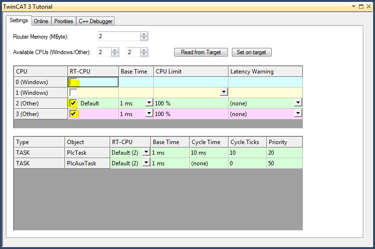 TwinCAT 3: Real-Time configuration window - select cores 2 and 3 at RT