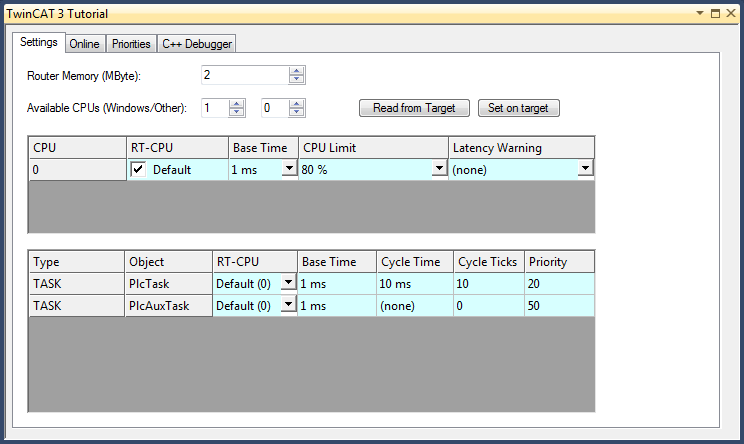 TwinCAT 3: Real-Time configuration window