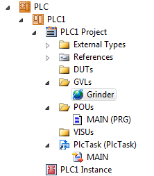 TwinCAT 3: Solution Explorer with Grinder GVL highlighted