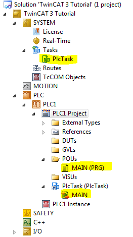 TwinCAT 3: Solution Explorer with MAIN and PlcTask shown