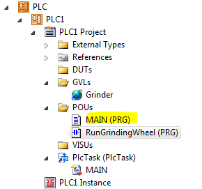 TwinCAT 3 Tutorial: Solution Explorer with MAIN highlighted and RunGrindingWheel shown