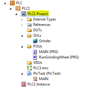 TwinCAT 3 Tutorial: Solution Explorer with PLC1 Project Highlighted