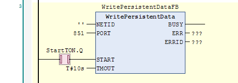 WritePersistentData function block with StartTON contact selected