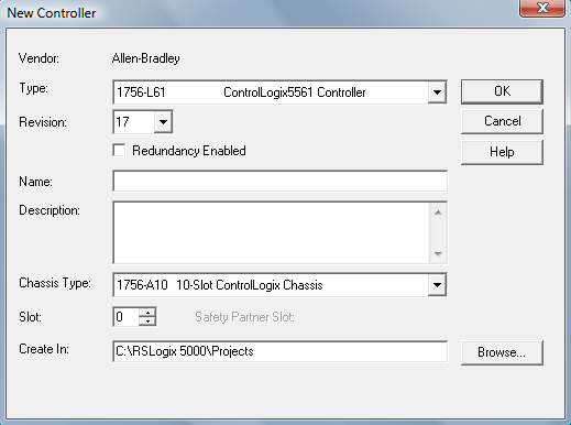 RSLogix 5000 - New Controller Dialog