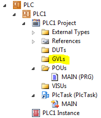 TwinCAT 3: Solution Explorer with GVLs folder highlighted
